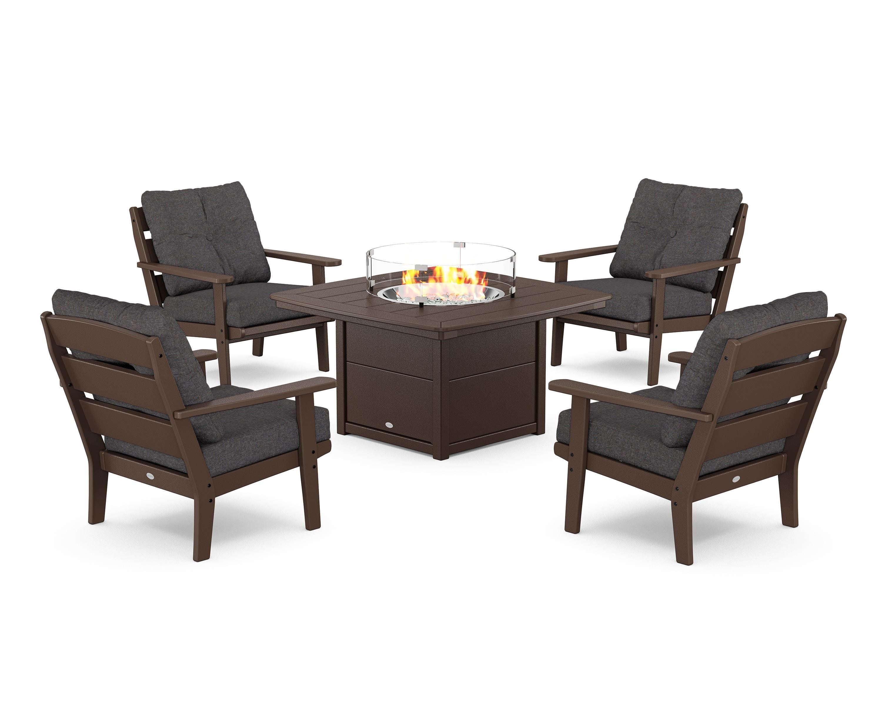 POLYWOOD® Lakeside 5-Piece Deep Seating Set with Nautical Fire Pit Table in Mahogany / Ash Charcoal