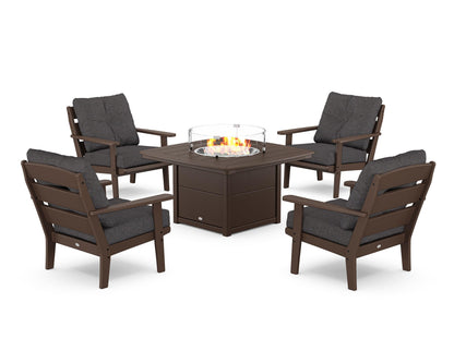 POLYWOOD® Lakeside 5-Piece Deep Seating Set with Nautical Fire Pit Table in Mahogany / Ash Charcoal