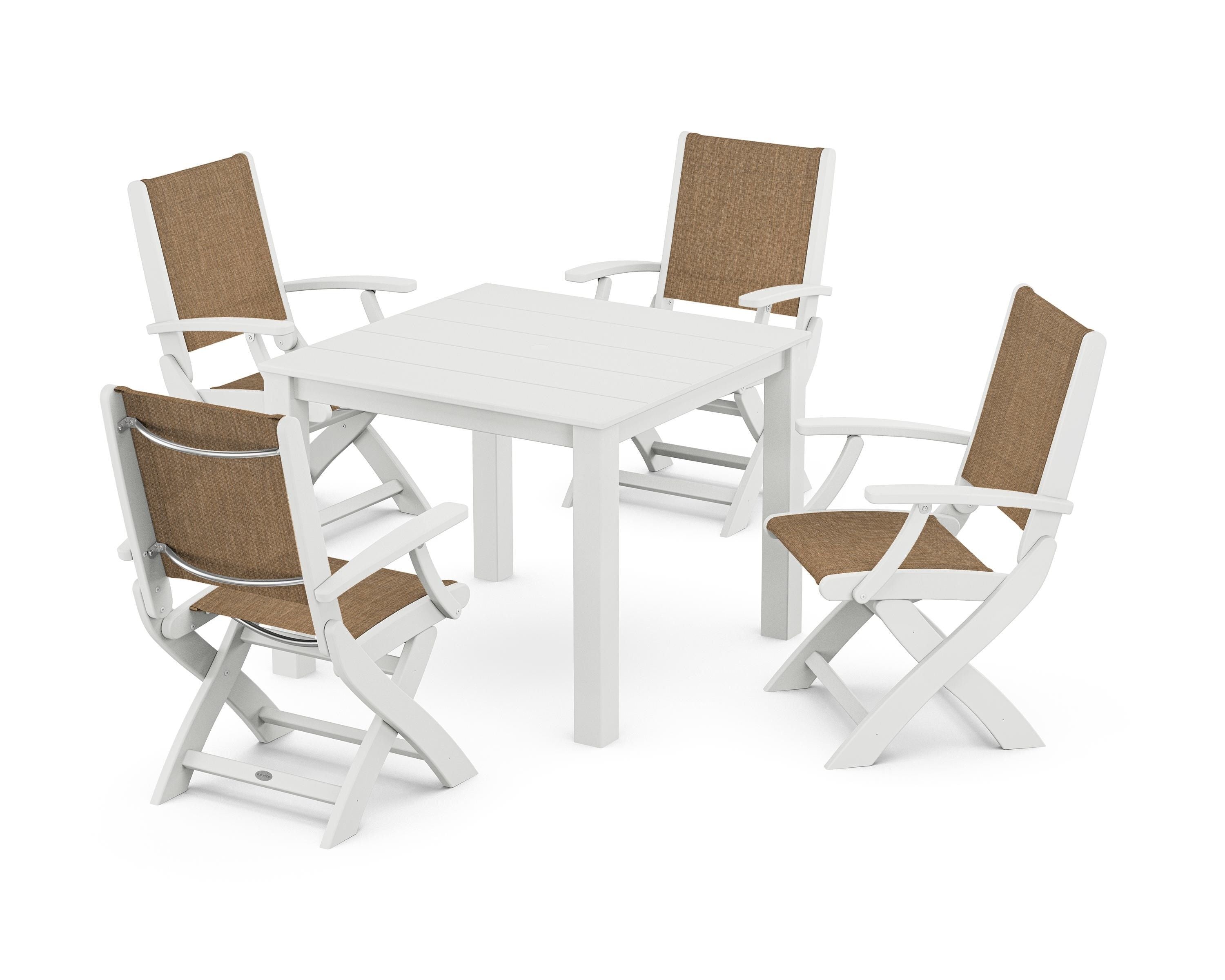 POLYWOOD® Coastal Folding Chair 5-Piece Parsons Dining Set in White / Burlap Sling