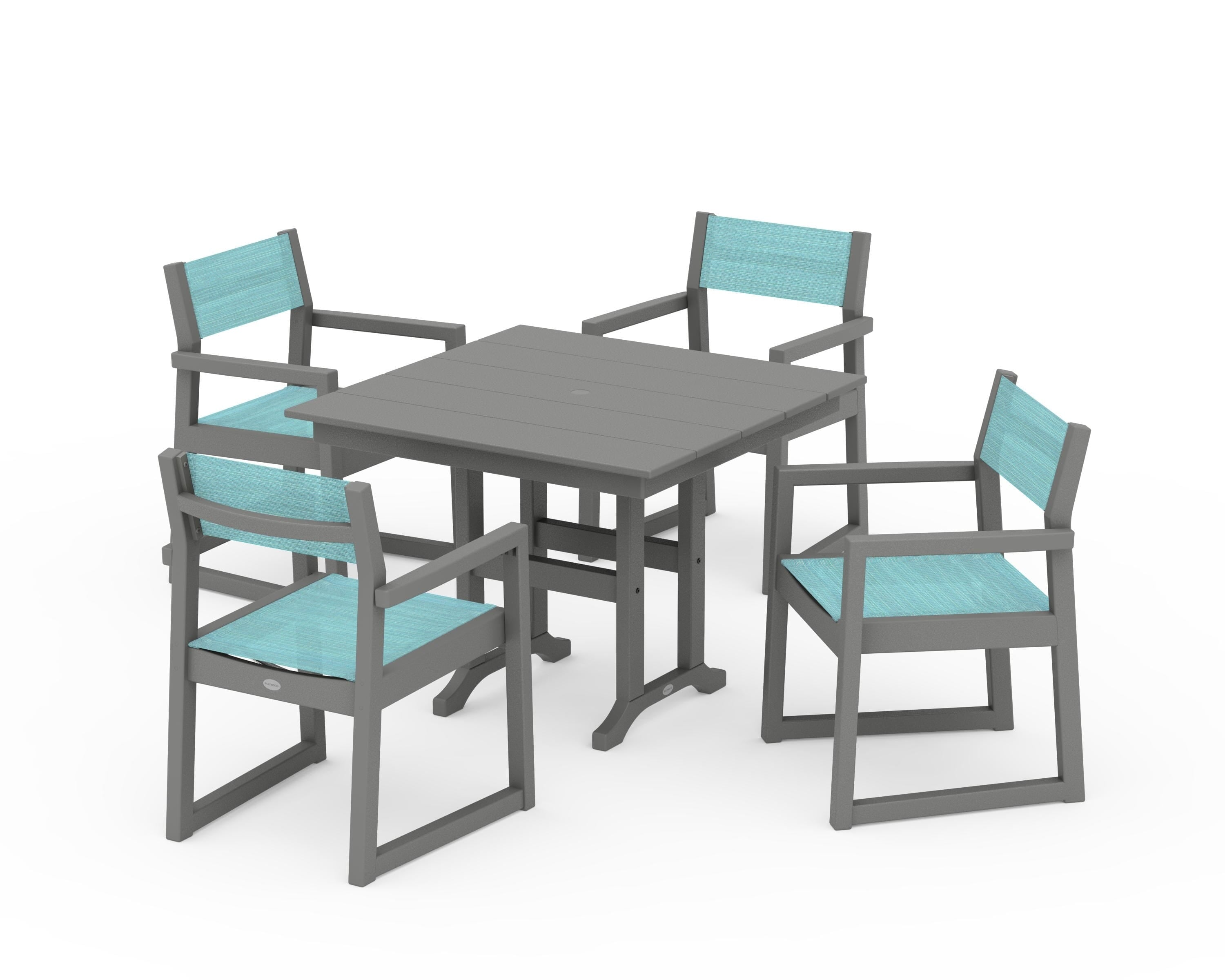 POLYWOOD® EDGE Sling Arm Chair 5-Piece Farmhouse Dining Set in Slate Grey / Dupioni Aquamarine Sling