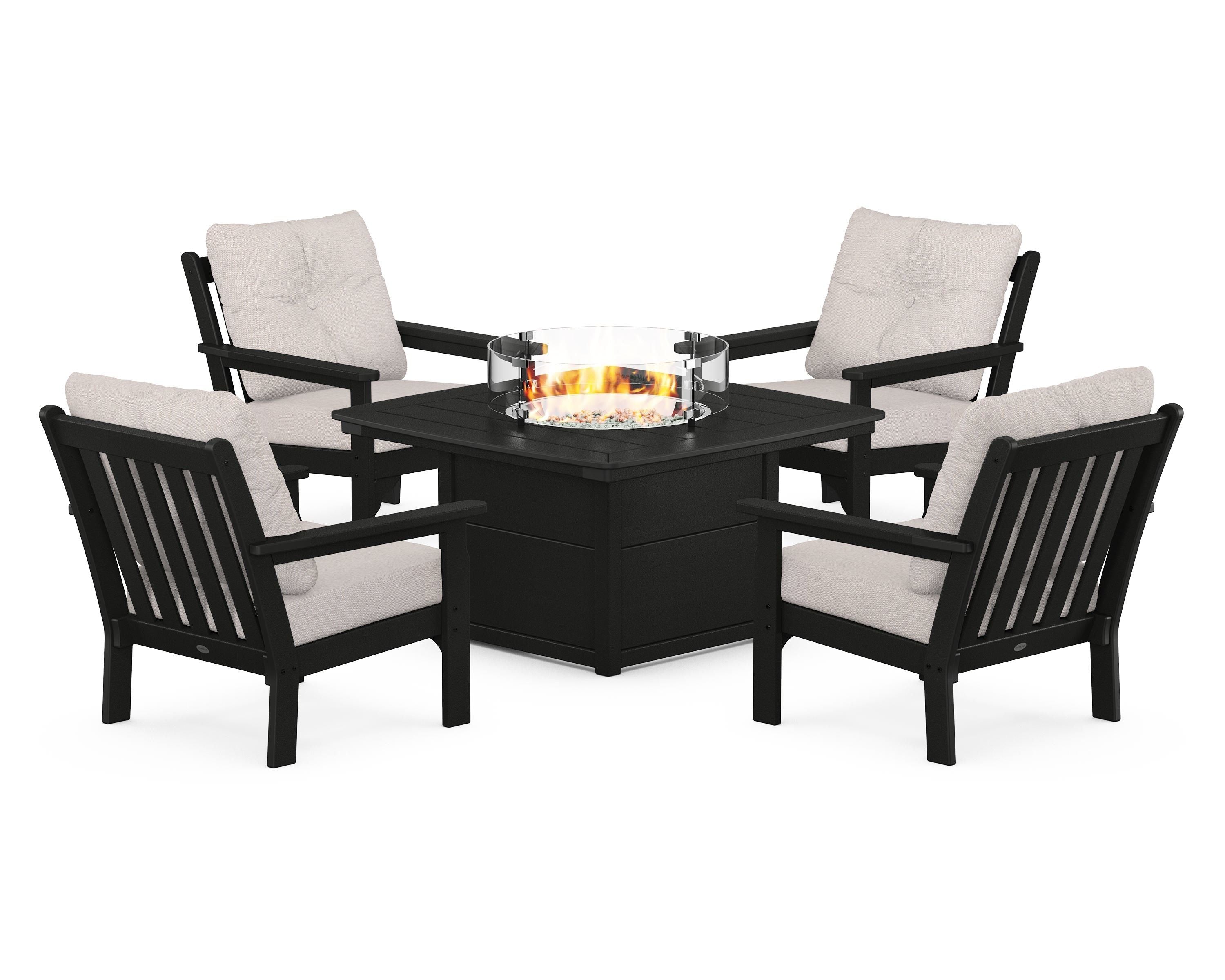 POLYWOOD® Vineyard 5-Piece Conversation Set with Fire Pit Table in Black / Dune Burlap