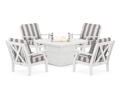 POLYWOOD® Braxton 5-Piece Deep Seating Conversation Set with Fire Pit Table in White / Cabana Stripe Grey Mist