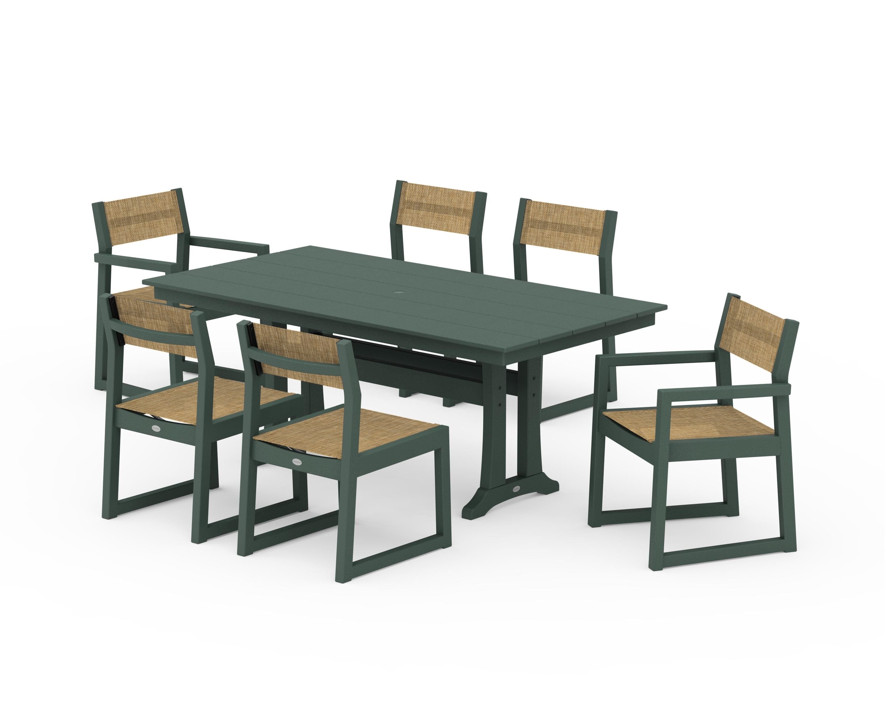 POLYWOOD® EDGE Sling 7-Piece Farmhouse Trestle Dining Set in Green / Burlap Sling