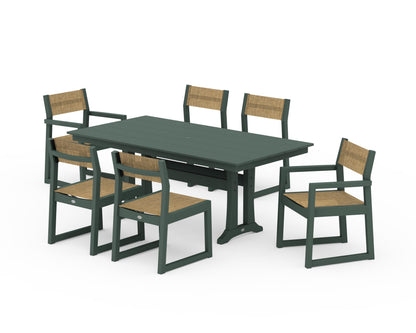 POLYWOOD® EDGE Sling 7-Piece Farmhouse Trestle Dining Set in Green / Burlap Sling