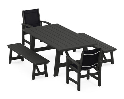 POLYWOOD® Coastal 5-Piece Rustic Farmhouse Dining Set With Benches in Black / Black Sling