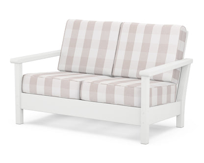 POLYWOOD® Harbour Deep Seating Loveseat in White / Buffalo Plaid Dune Burlap