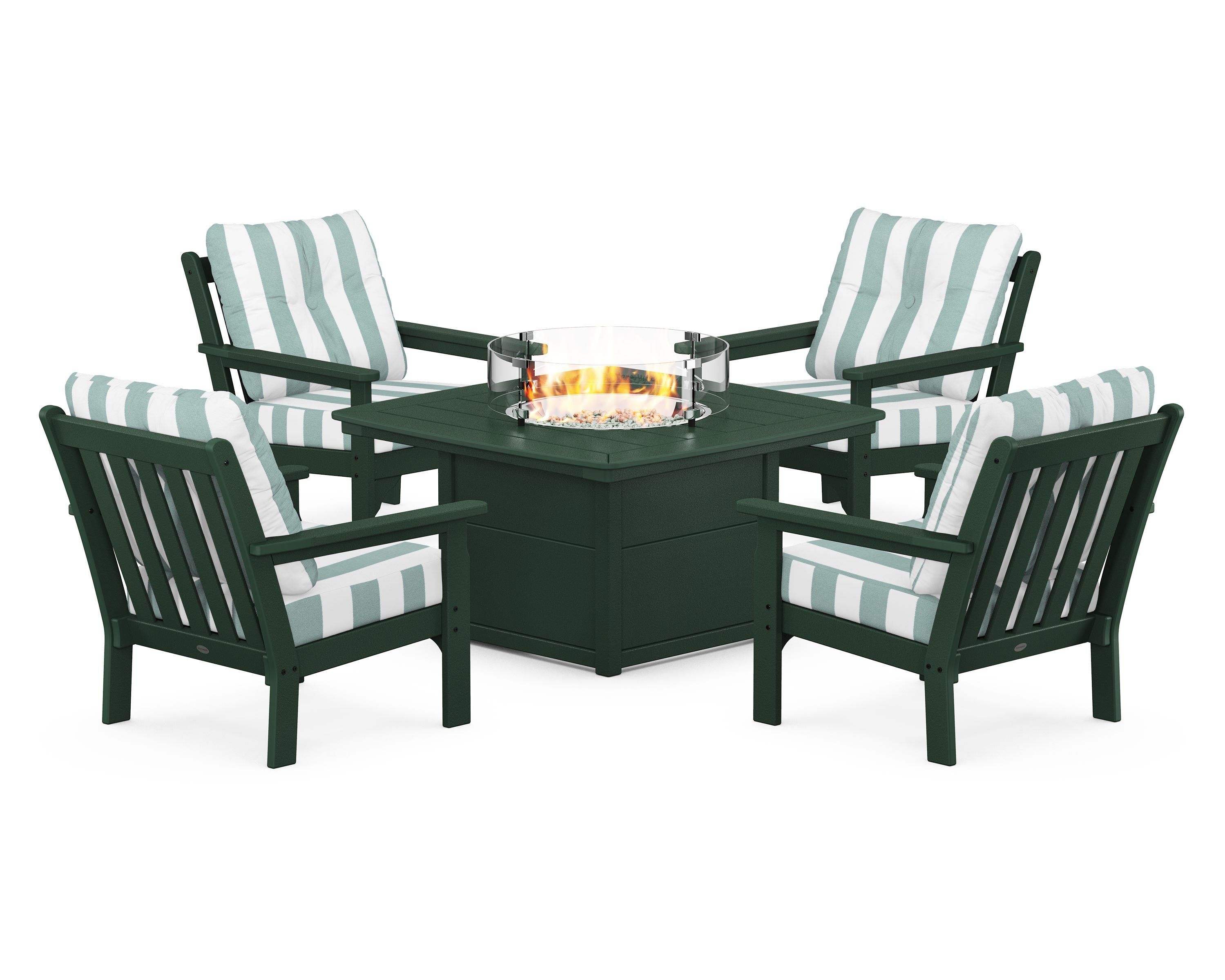 POLYWOOD® Vineyard 5-Piece Conversation Set with Fire Pit Table in Green / Cabana Stripe Glacier Spa