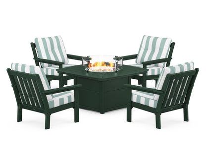 POLYWOOD® Vineyard 5-Piece Conversation Set with Fire Pit Table in Green / Cabana Stripe Glacier Spa
