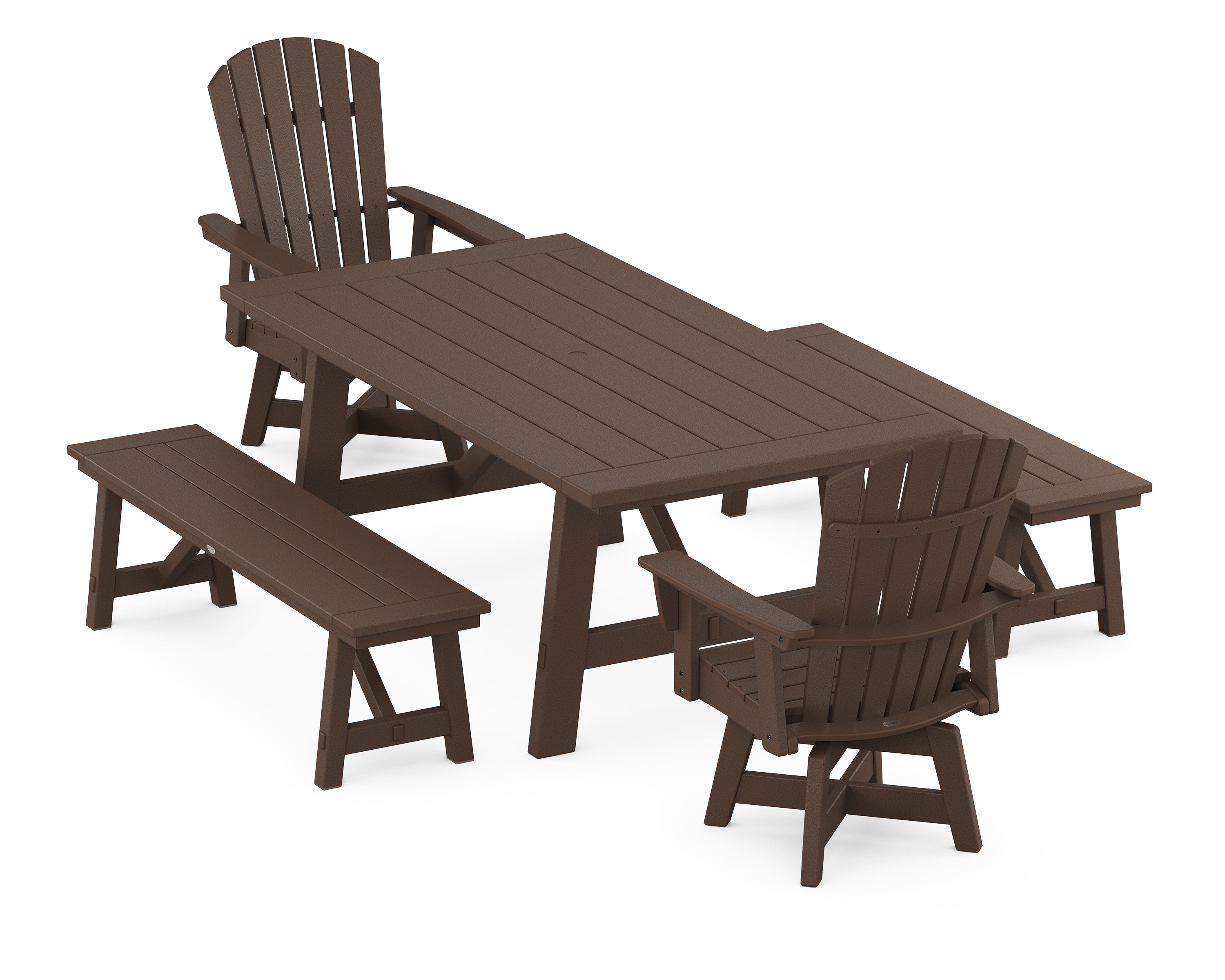 POLYWOOD® Nautical Curveback Adirondack Swivel Chair 5-Piece Rustic Farmhouse Dining Set With Benches in Mahogany