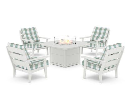 POLYWOOD® Lakeside 5-Piece Deep Seating Set with Nautical Fire Pit Table in White / Buffalo Plaid Glacier Spa