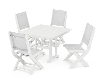 POLYWOOD® Coastal Folding Side Chair 5-Piece Farmhouse Dining Set in White / White Sling