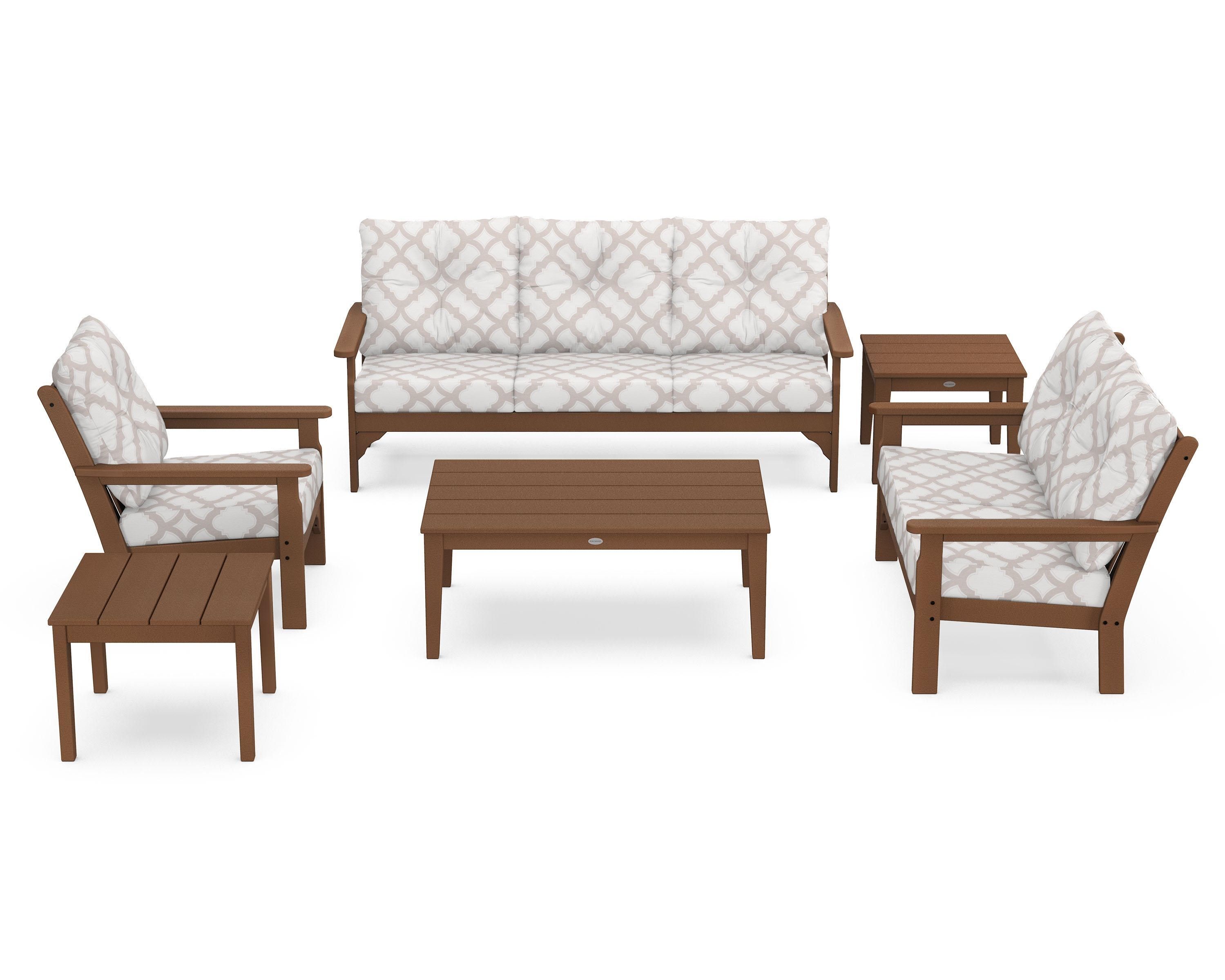 POLYWOOD® Vineyard 6-Piece Deep Seating Set in Teak / Trellis Dune Burlap