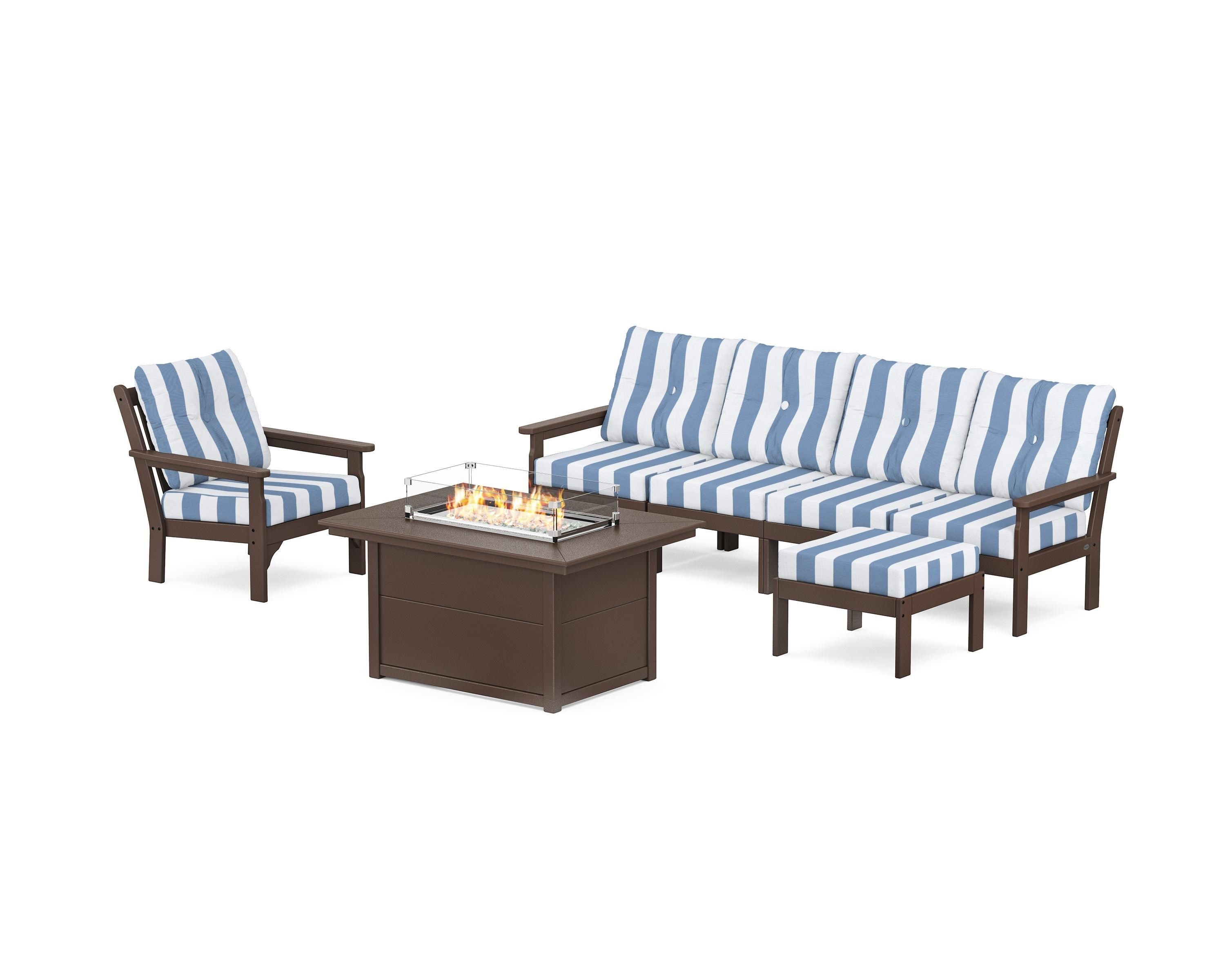 POLYWOOD® Vineyard Sectional Lounge and Fire Pit Set in Mahogany / Cabana Stripe Sky Blue