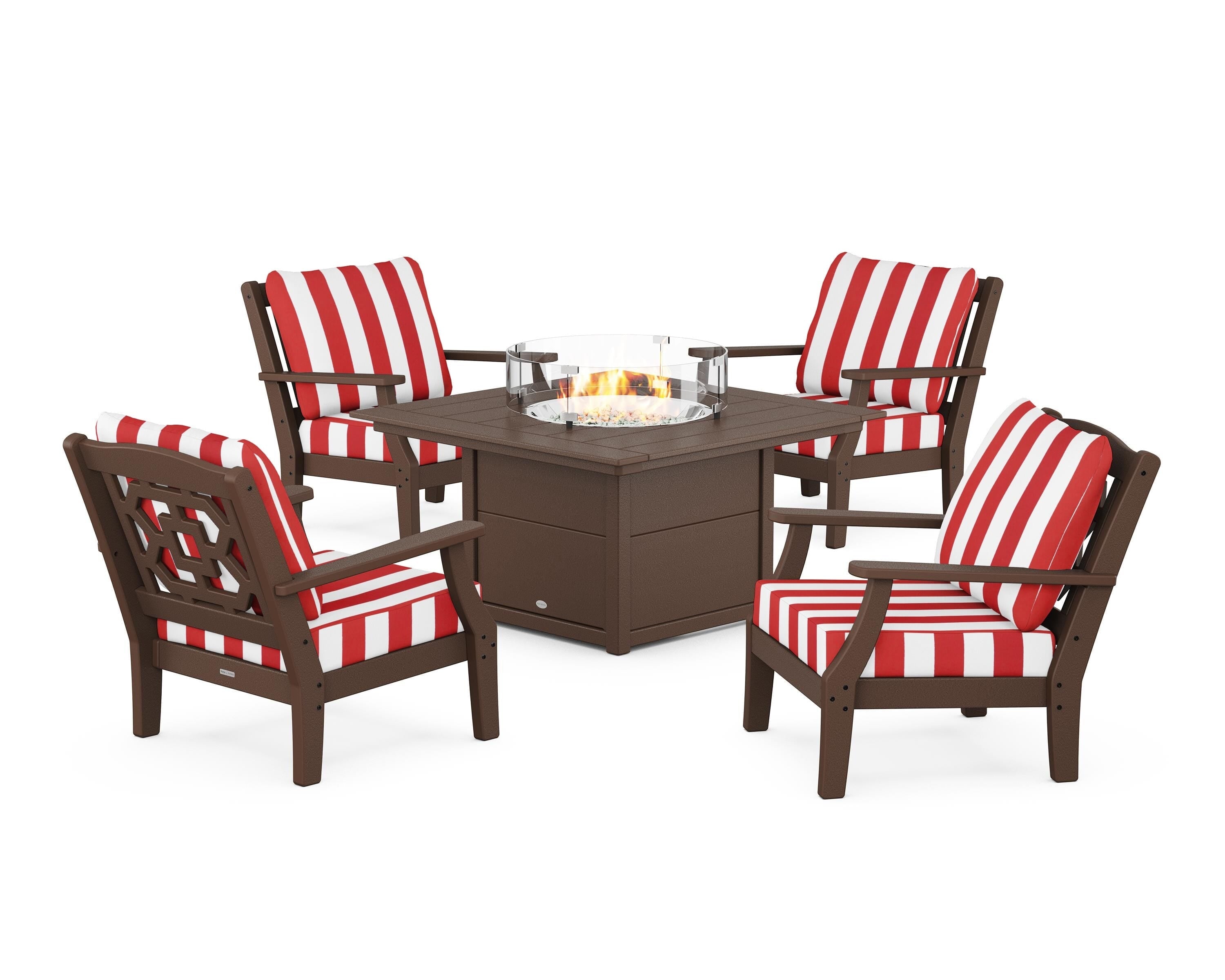 Martha Stewart by POLYWOOD® Chinoiserie 5-Piece Deep Seating Set with Fire Pit Table in Mahogany / Cabana Stripe Crimson