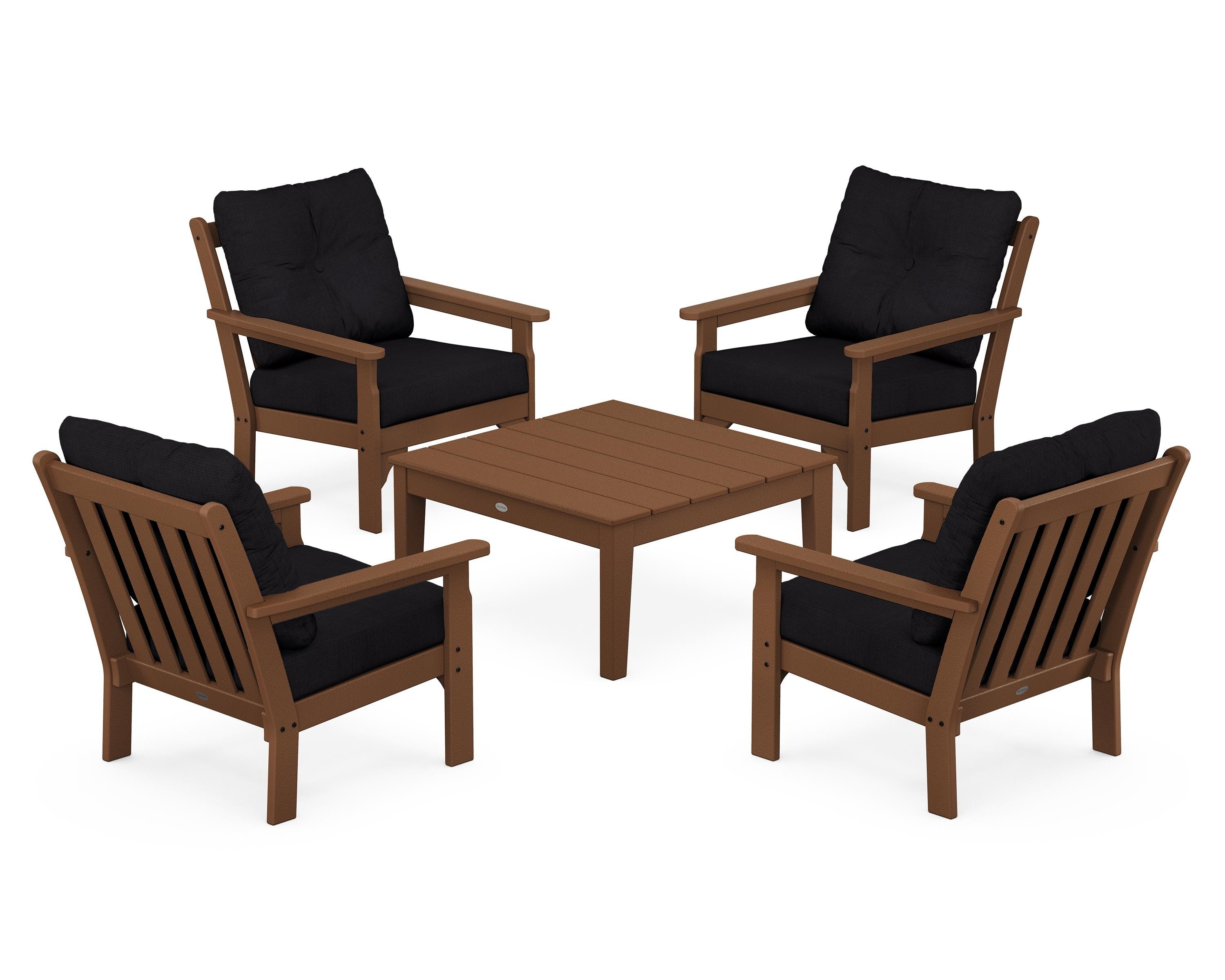 POLYWOOD® Vineyard 5-Piece Deep Seating Conversation Set in Teak / Midnight Linen