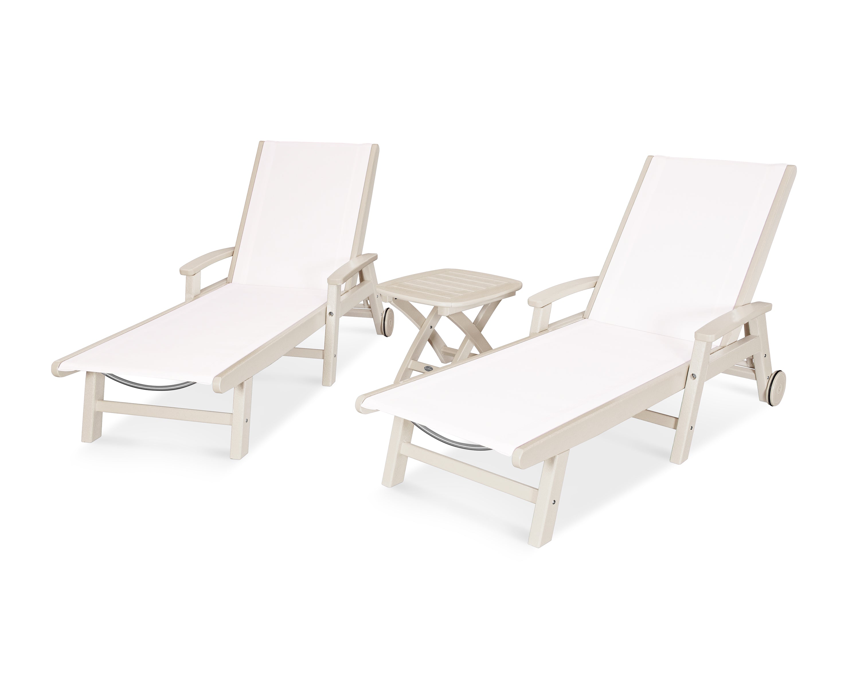 POLYWOOD® Coastal 3-Piece Wheeled Chaise Set in Sand / White Sling