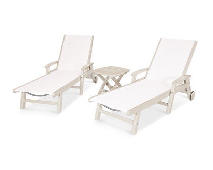 POLYWOOD® Coastal 3-Piece Wheeled Chaise Set in Sand / White Sling