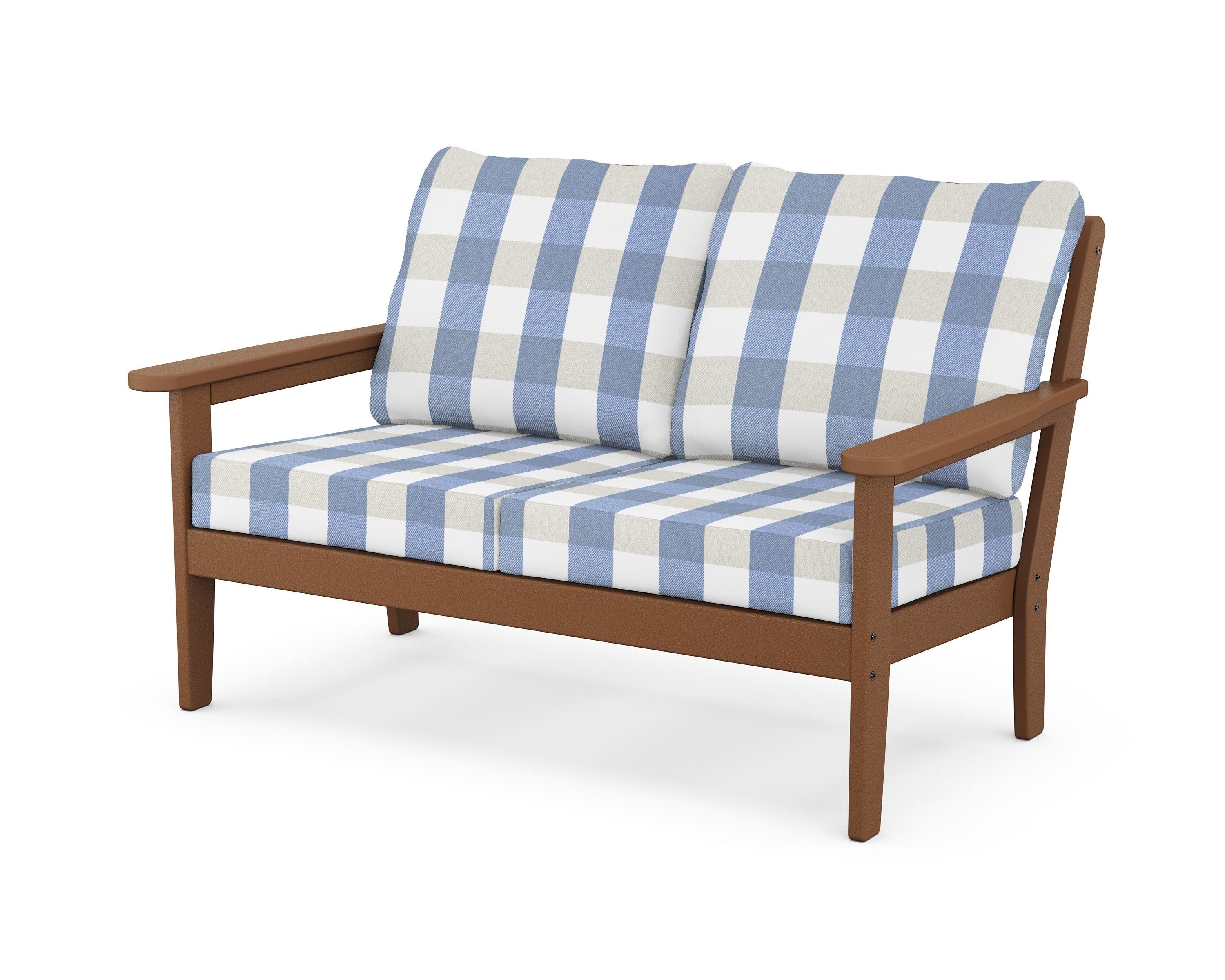 Country Living Cottage Deep Seating Loveseat in Teak / Buffalo Plaid Sky Blue