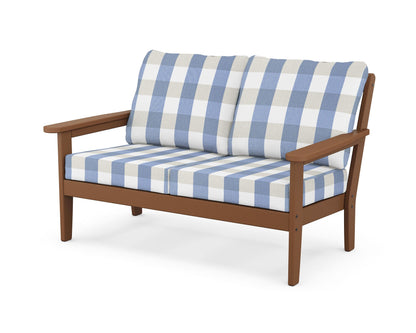 Country Living Cottage Deep Seating Loveseat in Teak / Buffalo Plaid Sky Blue