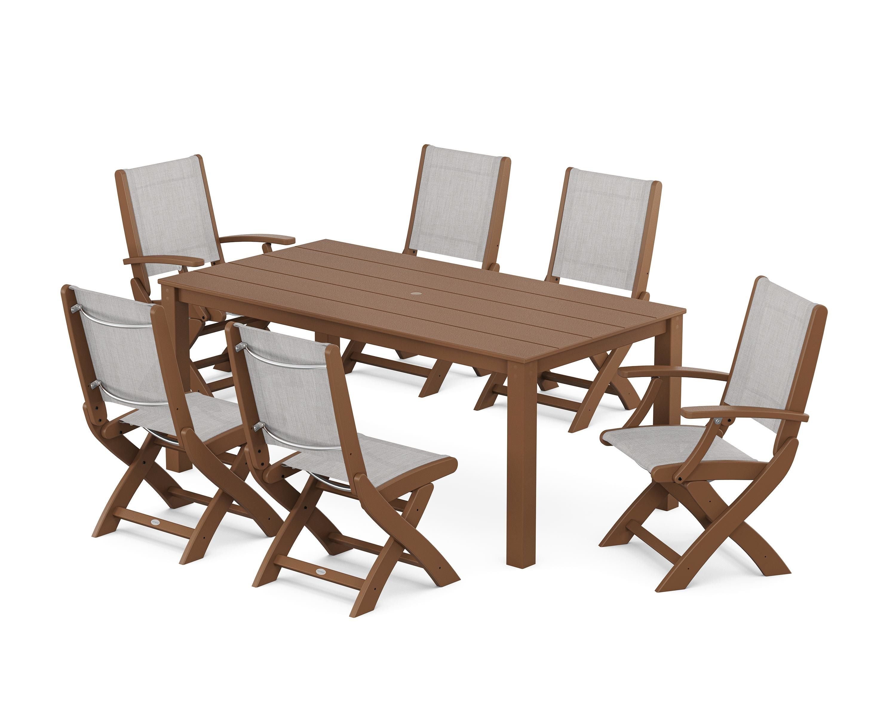 POLYWOOD® Coastal Folding Chair 7-Piece Parsons Dining Set in Teak / Parchment Sling