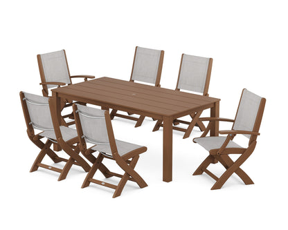 POLYWOOD® Coastal Folding Chair 7-Piece Parsons Dining Set in Teak / Parchment Sling
