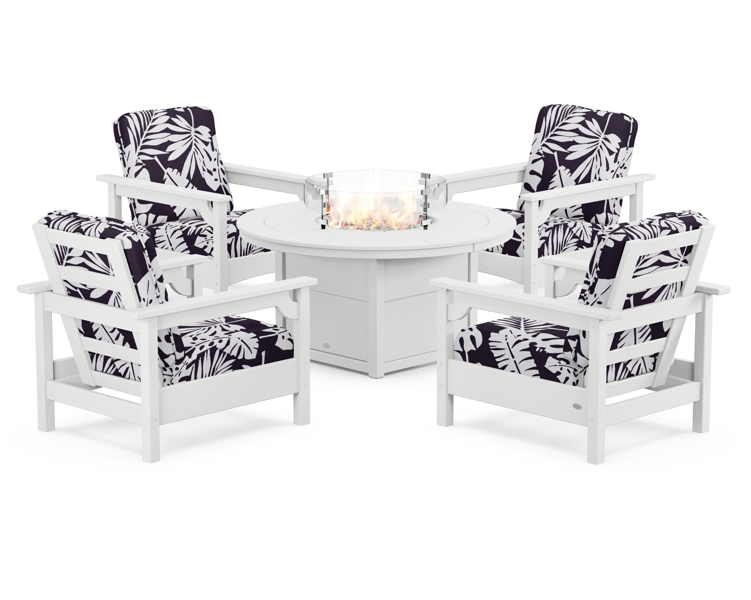 POLYWOOD® Club 5-Piece Conversation Set with Fire Pit Table in White / Leaf Navy