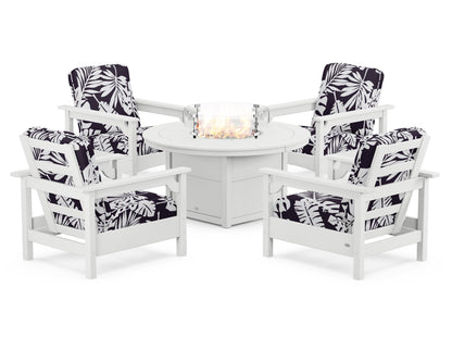 POLYWOOD® Club 5-Piece Conversation Set with Fire Pit Table in White / Leaf Navy