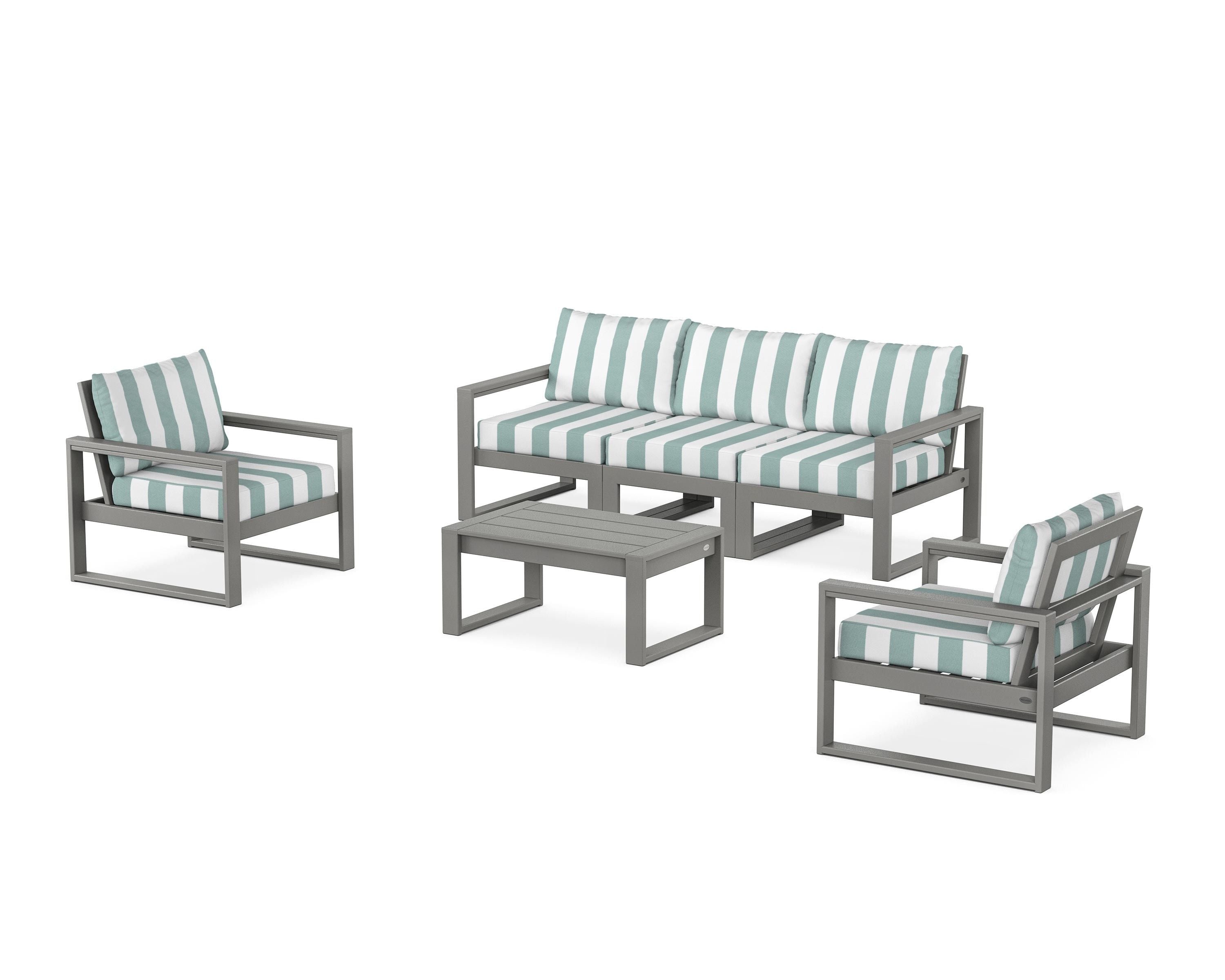 POLYWOOD® EDGE Sectional 4-Piece Deep Seating Set with Sofa in Slate Grey / Cabana Stripe Glacier Spa