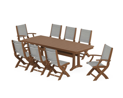 POLYWOOD® Coastal Folding 9-Piece Dining Set with Trestle Legs in Teak / Metallic Sling