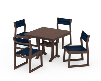 POLYWOOD® EDGE Sling 5-Piece Farmhouse Trestle Side Chair Dining Set in Mahogany / Navy Blue Sling
