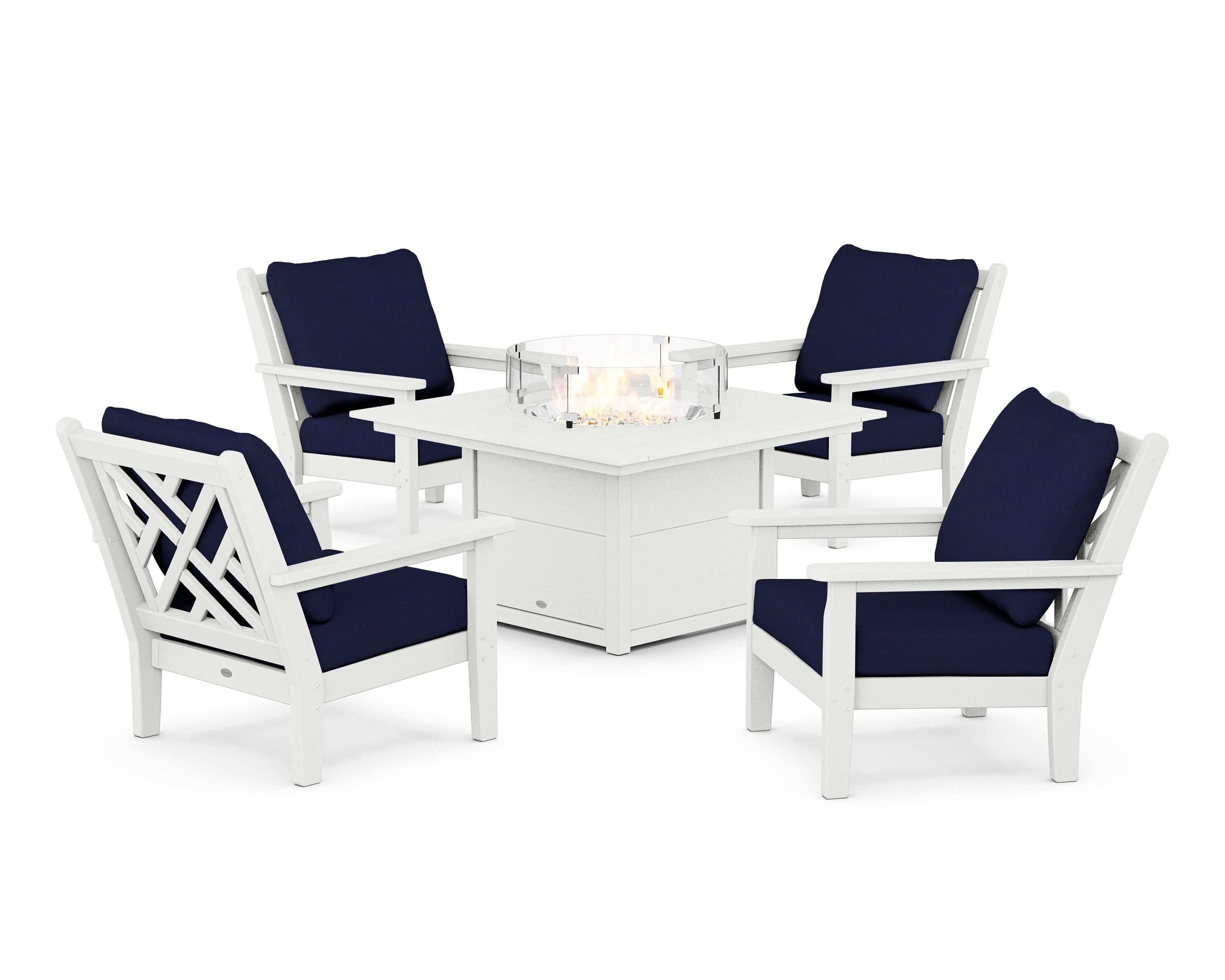 POLYWOOD® Chippendale 5-Piece Deep Seating Set with Fire Pit Table in White / Navy