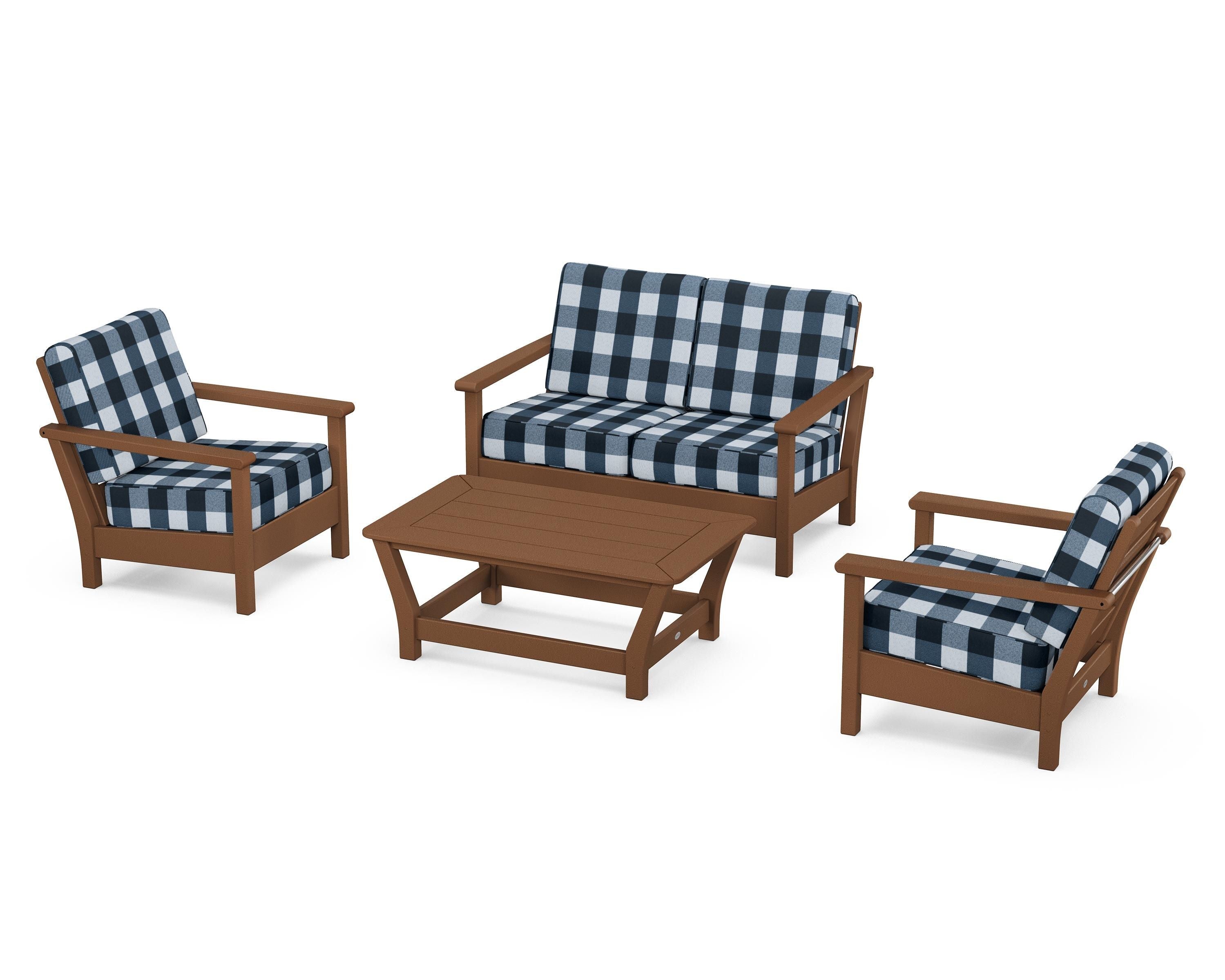 POLYWOOD® Harbour 4-Piece Deep Seating Set in Teak / Buffalo Plaid Marine Indigo