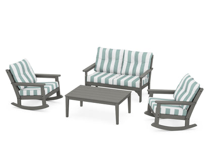 POLYWOOD® Vineyard 4-Piece Deep Seating Rocking Chair Set in Slate Grey / Cabana Stripe Glacier Spa