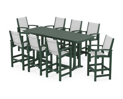 POLYWOOD® Coastal 9-Piece Farmhouse Bar Set with Trestle Legs in Green / White Sling