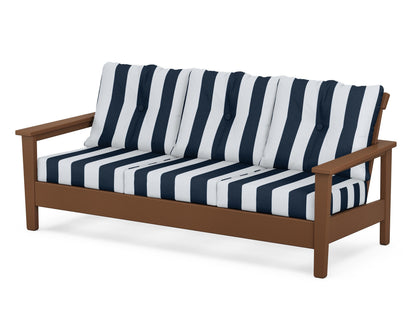 POLYWOOD® Prescott Deep Seating Sofa in Teak / Cabana Stripe Marine Indigo