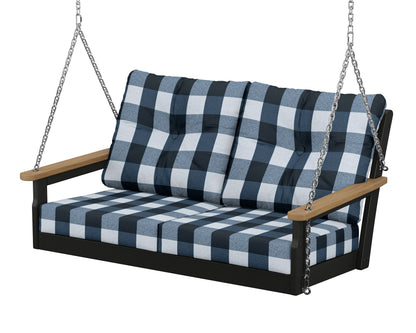 POLYWOOD® Vineyard Deep Seating Swing in Black / Natural / Buffalo Plaid Marine Indigo