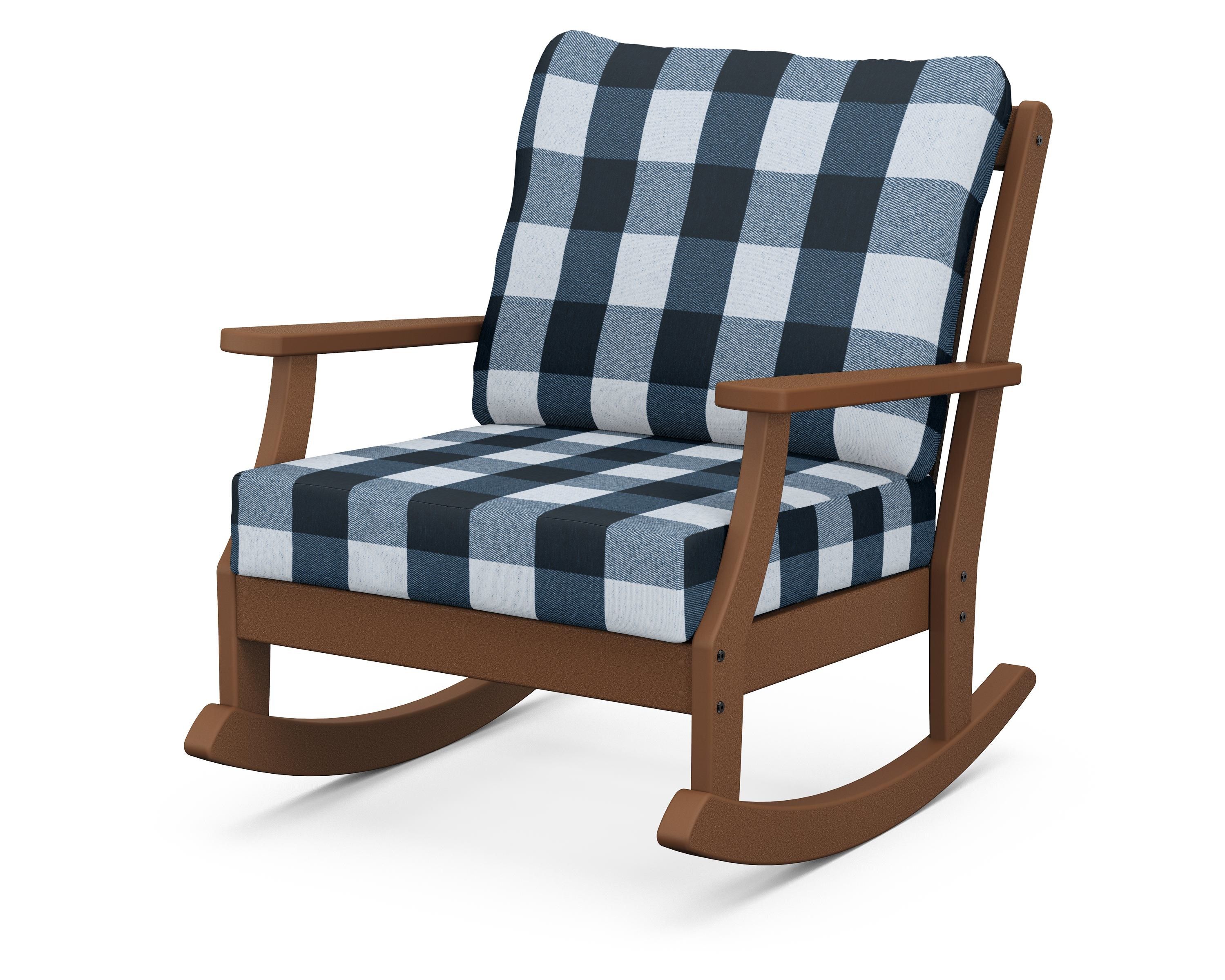 POLYWOOD® Braxton Deep Seating Rocking Chair in Teak / Buffalo Plaid Marine Indigo