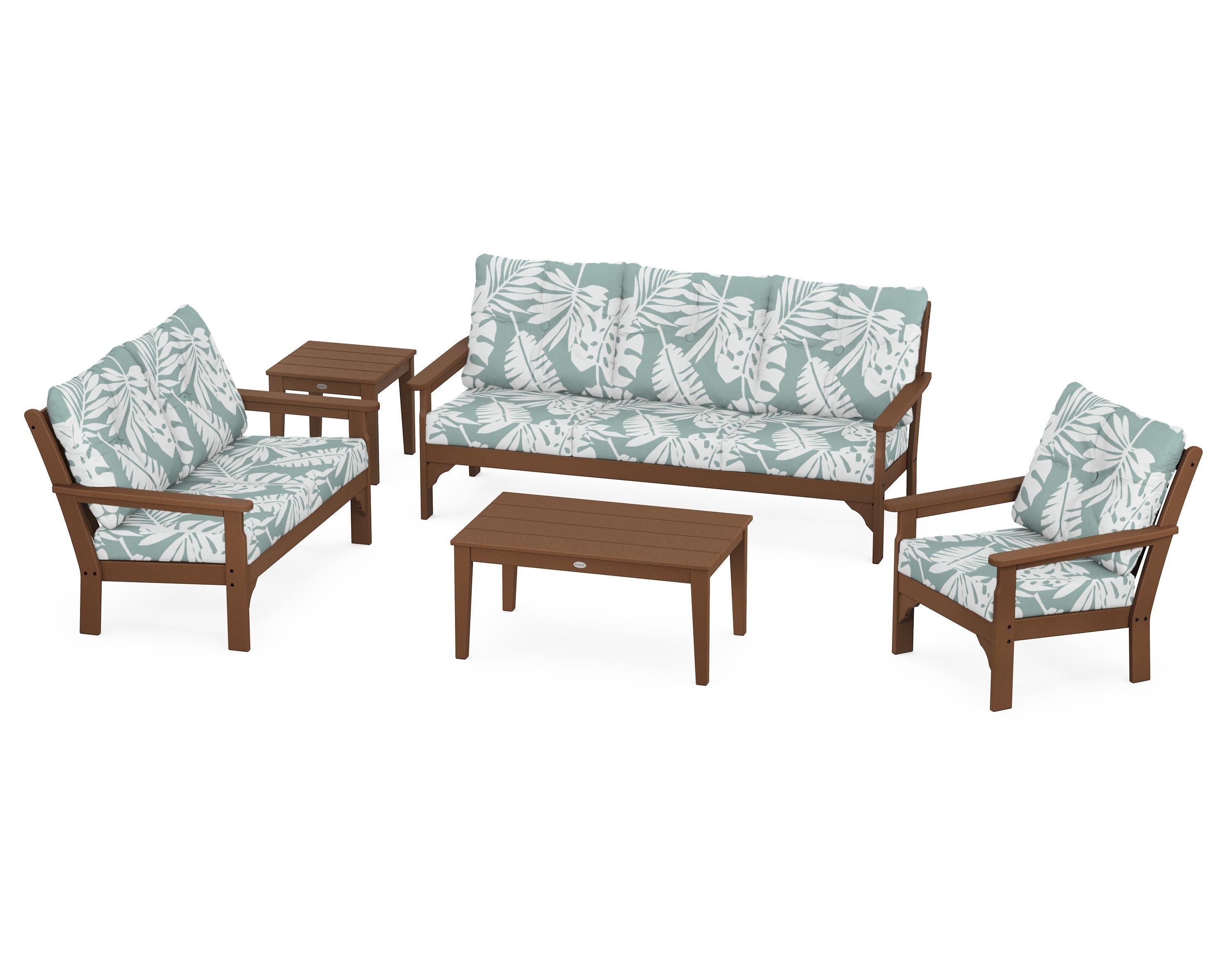 POLYWOOD® Vineyard 5 Piece Deep Seating Set in Teak / Leaf Glacier Spa
