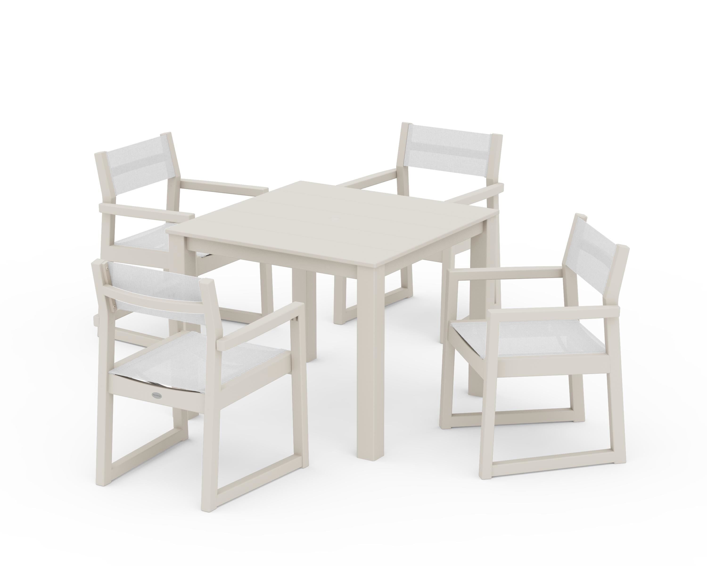 POLYWOOD® EDGE Sling Arm Chair 5-Piece Parsons Dining Set in Sand / White Sling