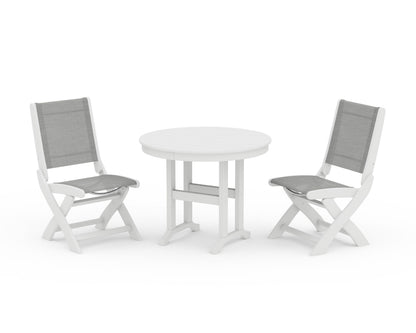POLYWOOD® Coastal Folding Side Chair 3-Piece Round Dining Set in White / Metallic Sling