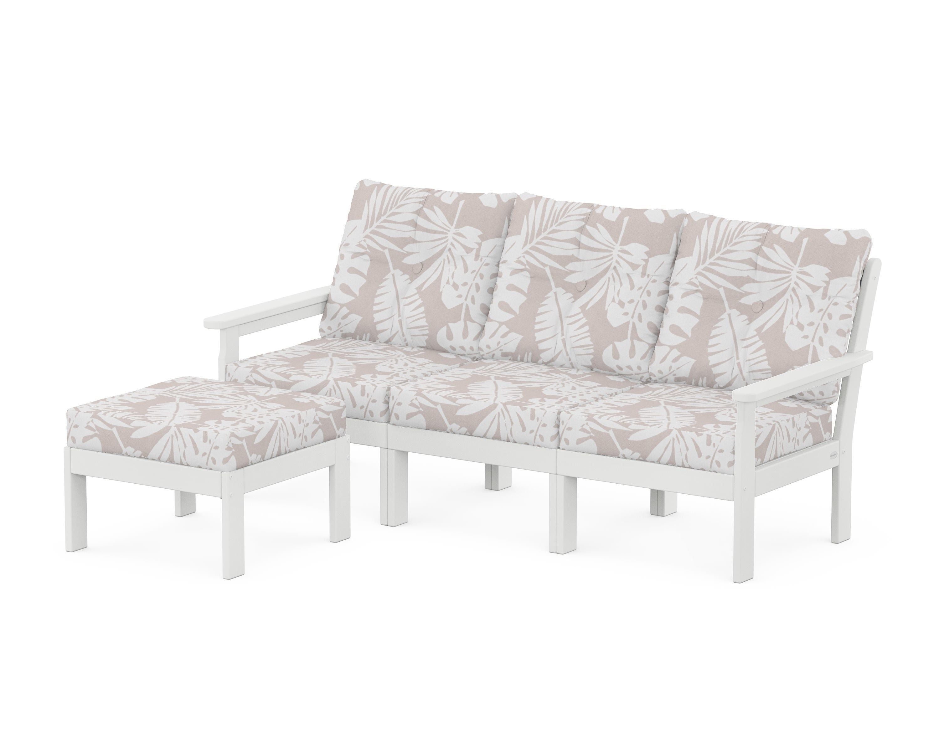 POLYWOOD® Vineyard 4-Piece Sectional with Ottoman in White / Leaf Dune Burlap