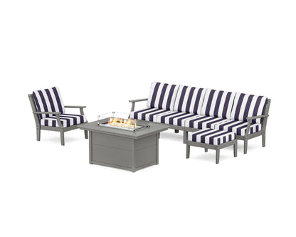 POLYWOOD® Braxton Sectional Lounge and Fire Pit Set in Slate Grey / Cabana Stripe Navy