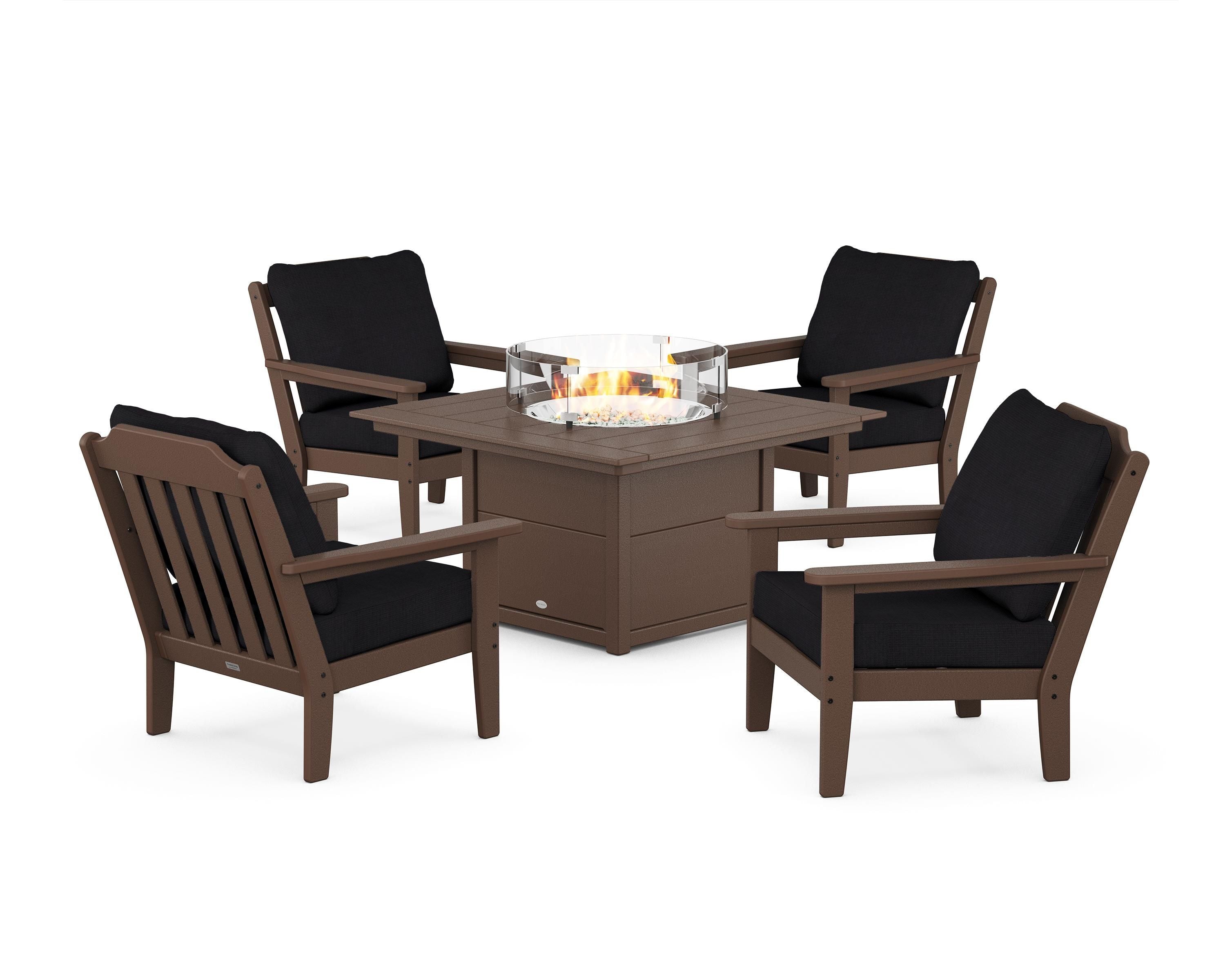 Country Living Cottage 5-Piece Deep Seating Set with Fire Pit Table in Mahogany / Midnight Linen