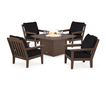 Country Living Cottage 5-Piece Deep Seating Set with Fire Pit Table in Mahogany / Midnight Linen