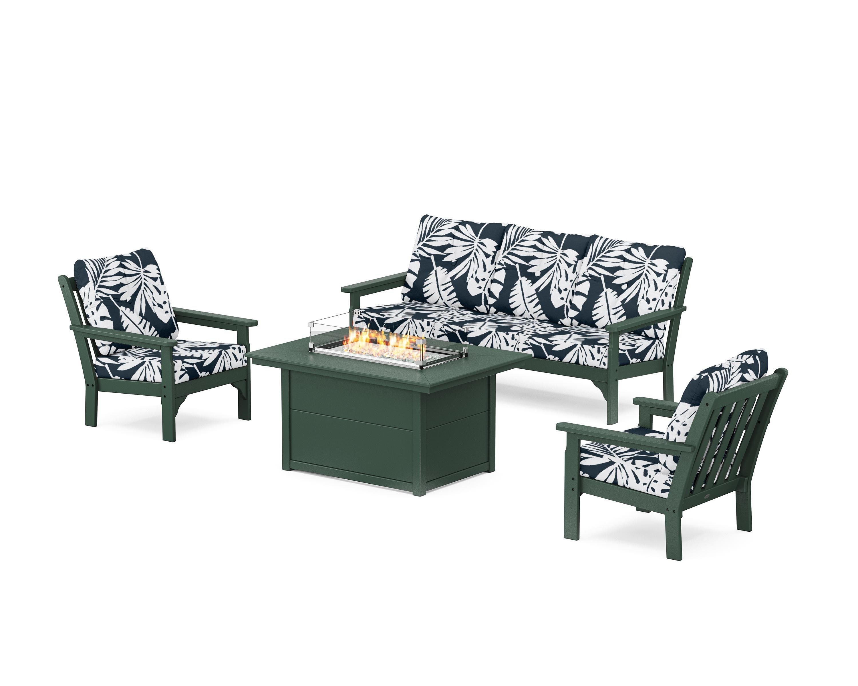 POLYWOOD® Vineyard Deep Seating Fire Pit Table Set in Green / Leaf Marine Indigo