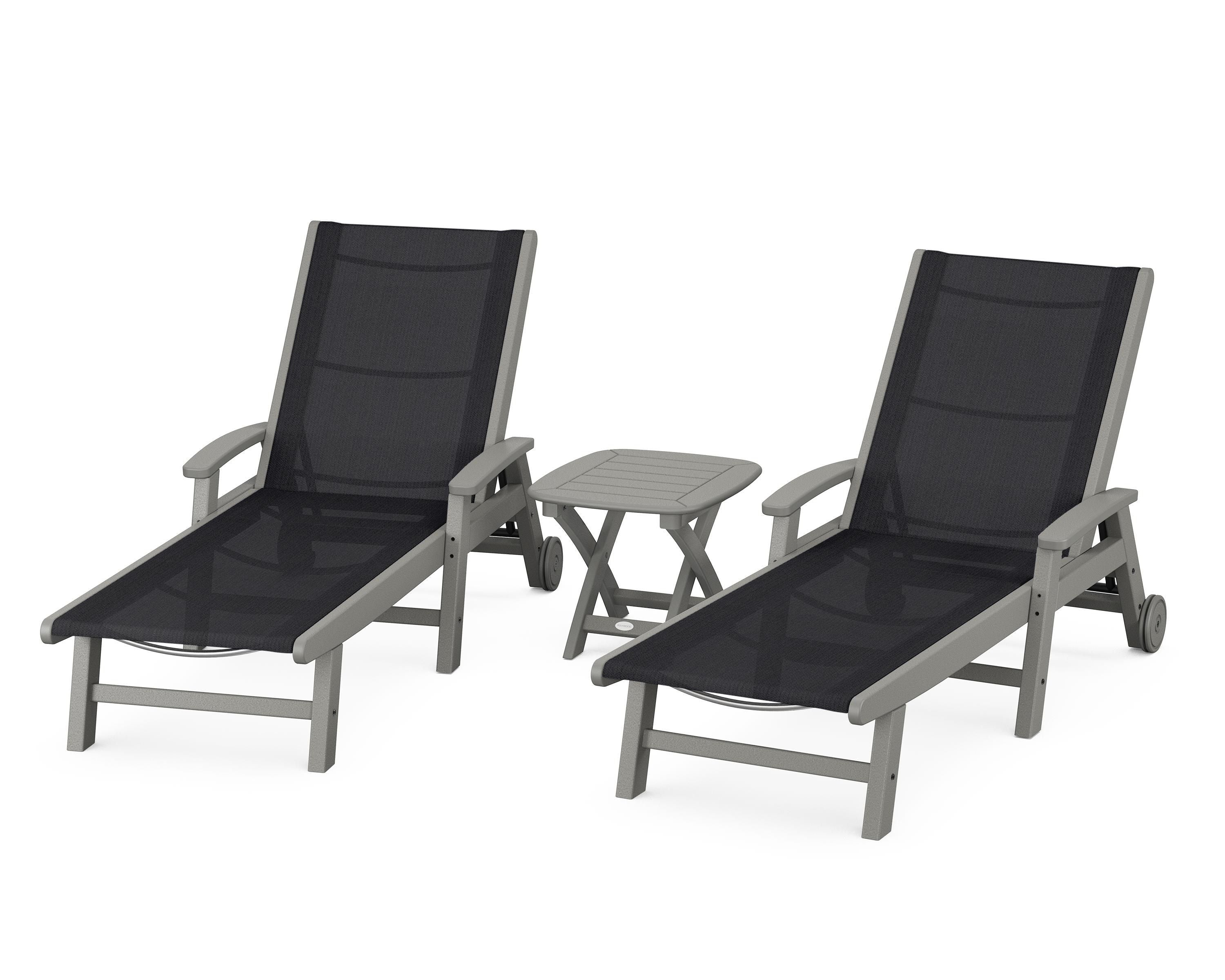 POLYWOOD® Coastal 3-Piece Wheeled Chaise Set in Slate Grey / Black Sling