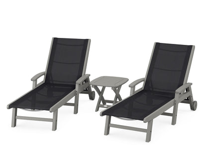 POLYWOOD® Coastal 3-Piece Wheeled Chaise Set in Slate Grey / Black Sling