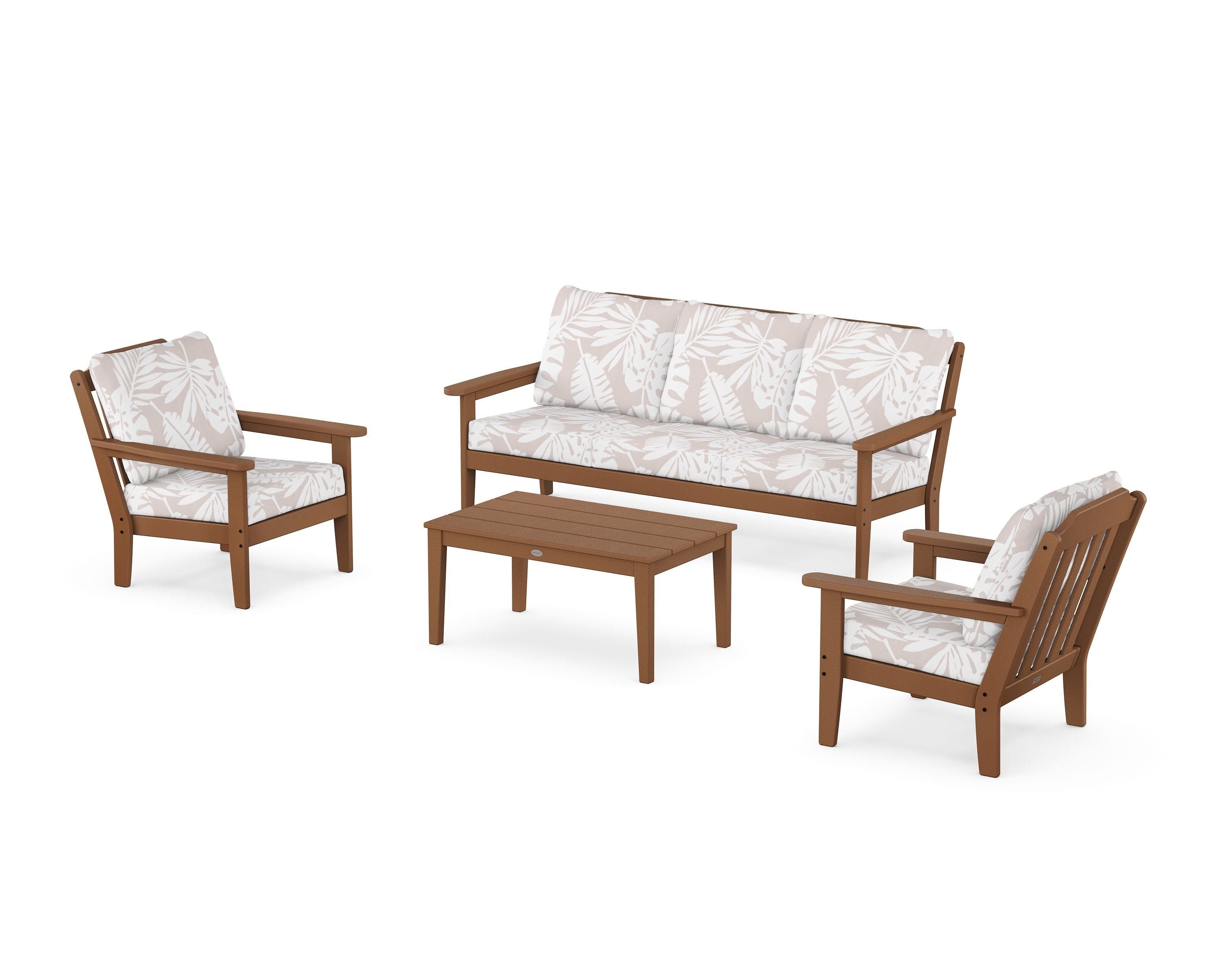 Country Living Cottage 4-Piece Deep Seating Set with Sofa in Teak / Leaf Dune Burlap