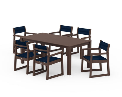 POLYWOOD® EDGE Sling Arm Chair 7-Piece Parsons Dining Set in Mahogany / Navy Blue Sling