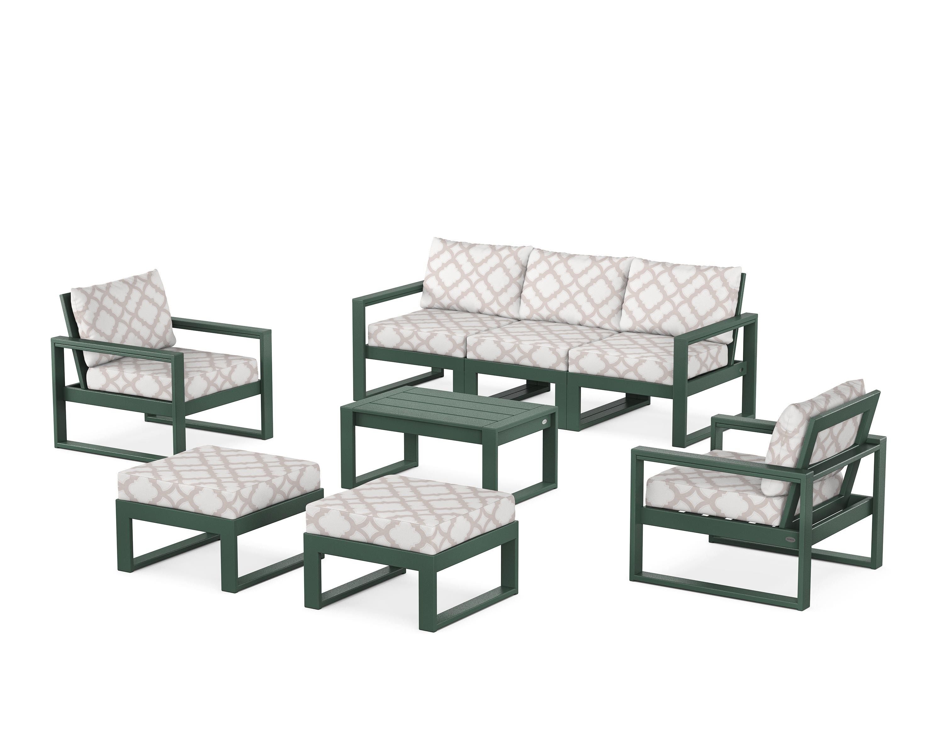 POLYWOOD® EDGE Sectional 8-Piece Lounge Sofa Set in Green / Trellis Dune Burlap